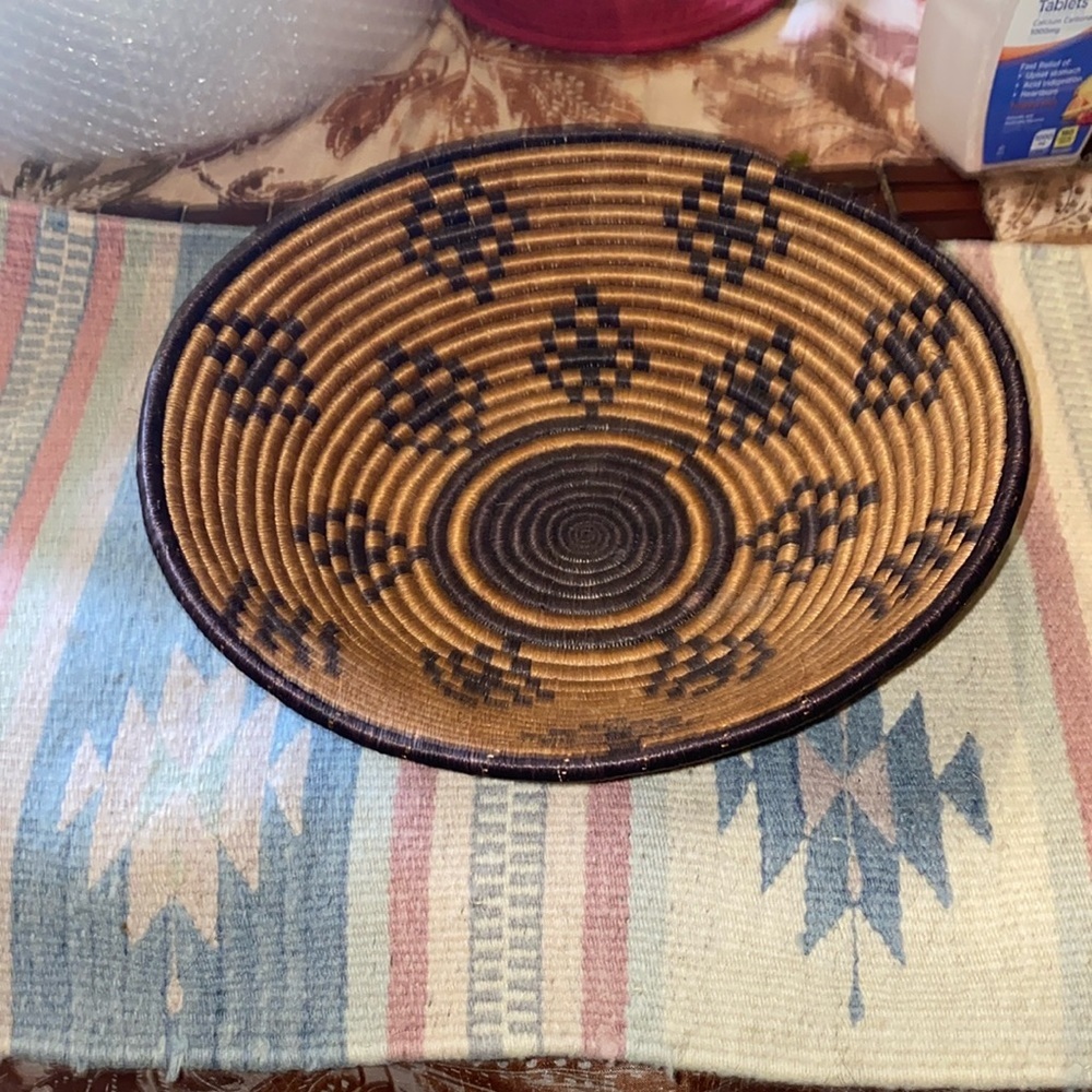 Hand Woven Basket Bowl diamond Coil Brown and table runner 57” + 2.5” tassels